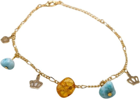 Larimar & Amber Charm Bracelet, Gold Filled, Blue and Honey Stone, Handmade Dominican Gemstone Caribbean Jewelry