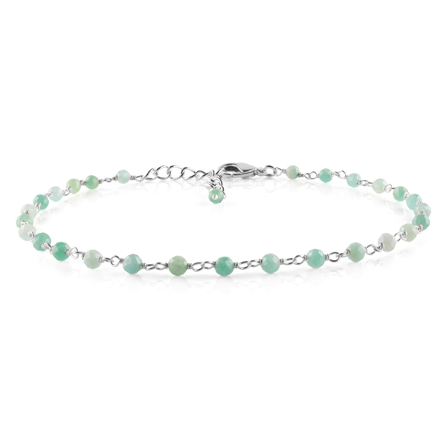 YANARA Larimar Rosary Anklet, Faceted 3mm Gemstone Beads, Silver-Plated Brass, 9”+1.5” Extender, Lobster Clasp, Summer Beach Gift for Women