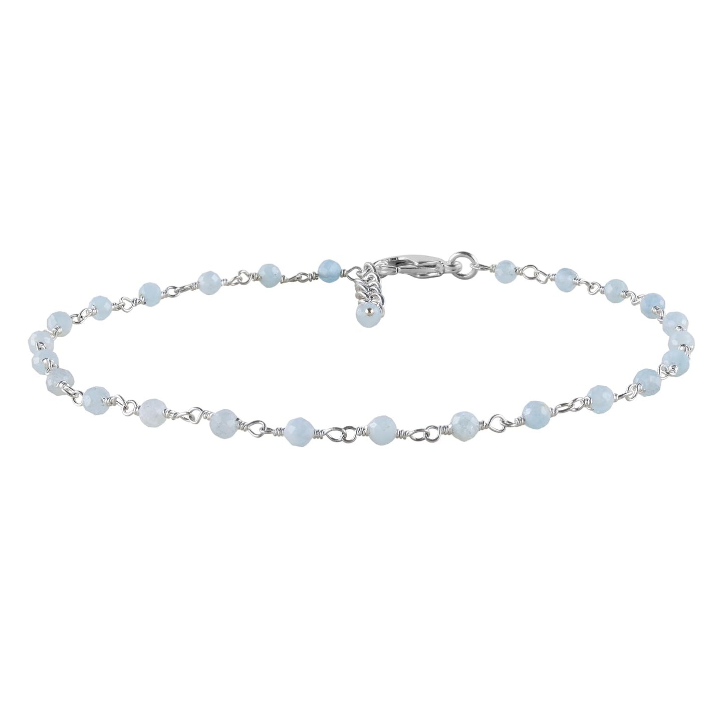 YANARA Larimar Rosary Anklet, Faceted 3mm Gemstone Beads, Silver-Plated Brass, 9”+1.5” Extender, Lobster Clasp, Summer Beach Gift for Women