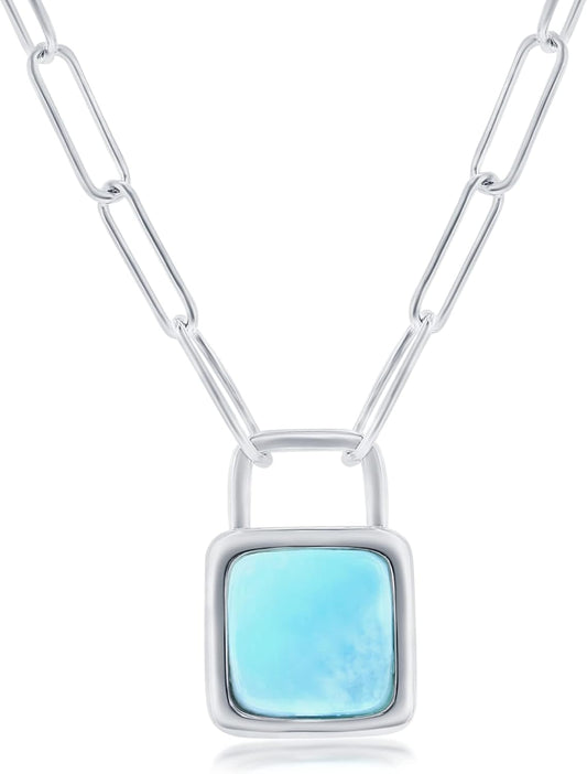 Beaux Bijoux 925 Sterling Silver Cushion-Cut Natural Larimar Pendant Necklace, X Design, 18” Diamond-Cut Cable Chain, Spring Ring Clasp, Gift Box