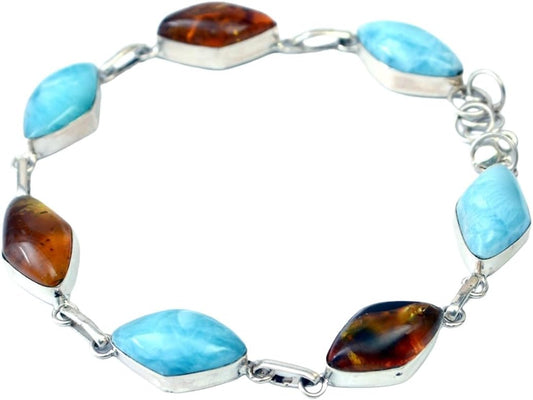 Exclusive 925 Sterling Silver Bracelet with Natural Larimar and Amber, 8 Inches of Handcrafted Elegance