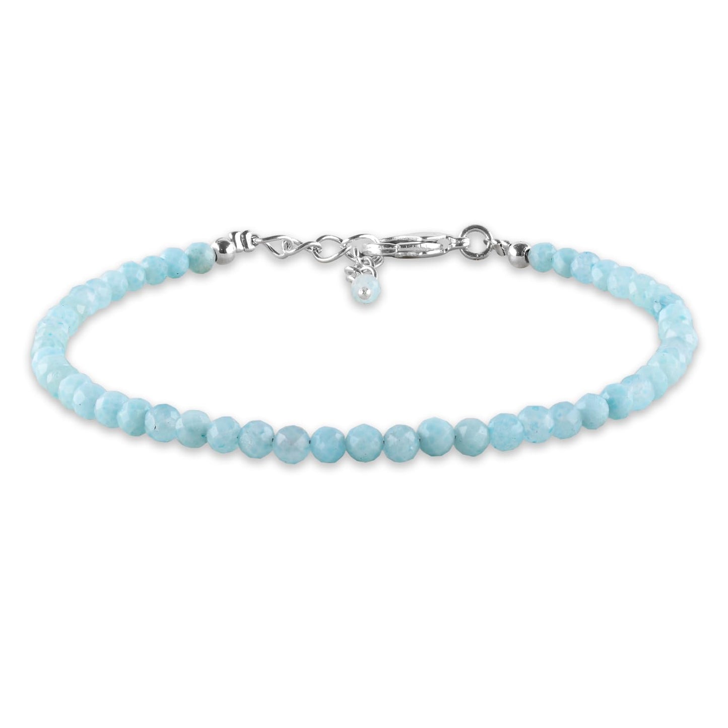 Pulsera de microcuentas de larimar en latón plateado, microcuentas facetadas de 3 mm, piedra preciosa natural, 20 cm de largo, cierre de mosquetón, un regalo exquisito para mujer.