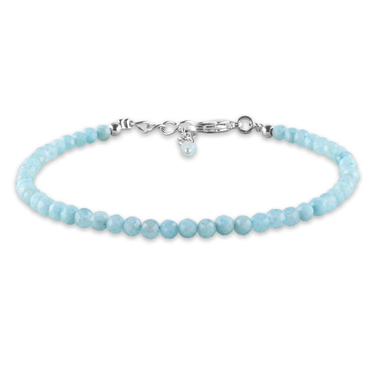 Larimar Micro Bead Bracelet in Silver-Plated Brass, 3mm Micro-Faceted Rounds, Natural Gemstone, 8” Length, Lobster Clasp, Dainty Gift for Women