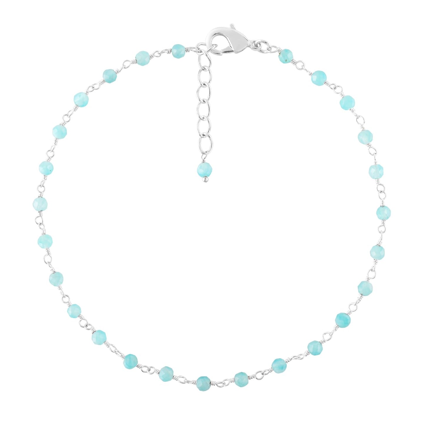 YANARA Larimar Rosary Anklet, Faceted 3mm Gemstone Beads, Silver-Plated Brass, 9”+1.5” Extender, Lobster Clasp, Summer Beach Gift for Women
