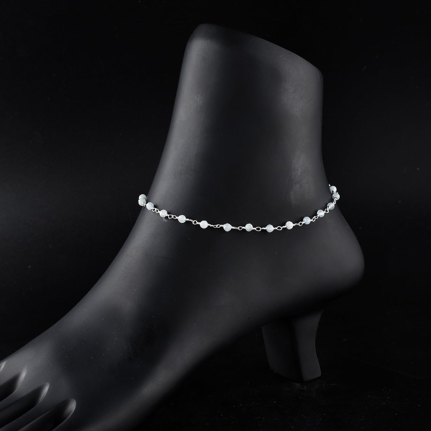 YANARA Larimar Rosary Anklet, Faceted 3mm Gemstone Beads, Silver-Plated Brass, 9”+1.5” Extender, Lobster Clasp, Summer Beach Gift for Women