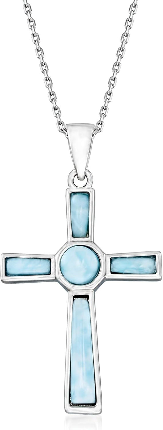 Ross-Simons Larimar Cross Pendant Necklace in Sterling Silver. 18 inches