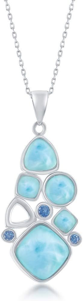 Beaux Bijoux Collar Larimar Natural en Plata 925 con Rodio, Cadena 18”, Colgante con Circonia Azul, Joyería Fina para Mujer, Caja de Regalo