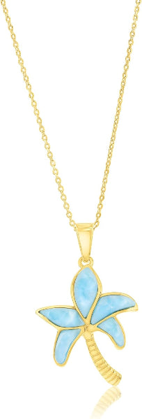 Larimar Gemstone Pendant Necklace – Palm Tree Design, Sterling Silver, Natural Blue Stone Jewelry