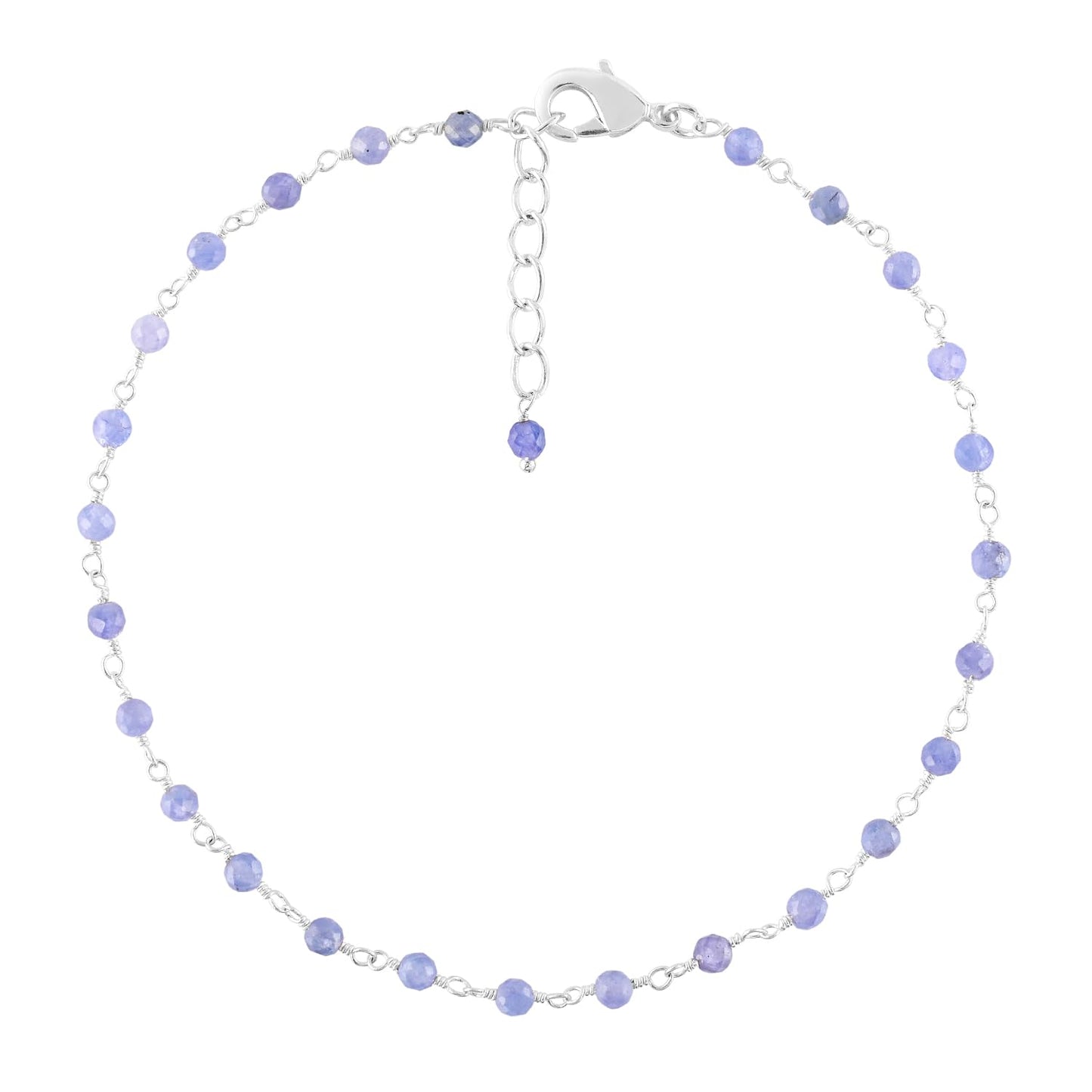 YANARA Larimar Rosary Anklet, Faceted 3mm Gemstone Beads, Silver-Plated Brass, 9”+1.5” Extender, Lobster Clasp, Summer Beach Gift for Women
