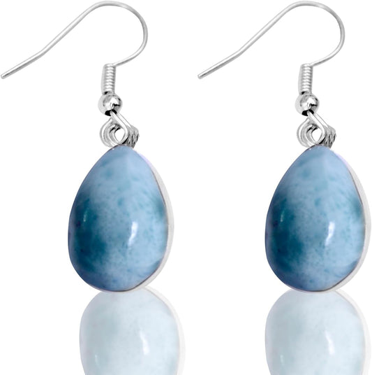 Larimar Teardrop Dangle Earrings in 925 Sterling Silver, Handmade Blue Gemstone, Leverback Closure, Gift Box + Organza Bag