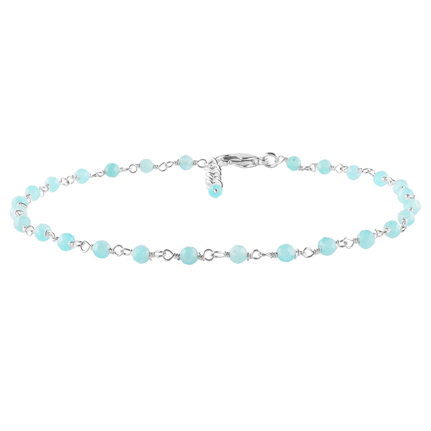 YANARA Larimar Rosary Anklet, Faceted 3mm Gemstone Beads, Silver-Plated Brass, 9”+1.5” Extender, Lobster Clasp, Summer Beach Gift for Women
