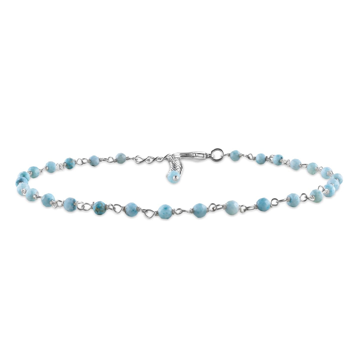 YANARA Larimar Rosary Anklet, Faceted 3mm Gemstone Beads, Silver-Plated Brass, 9”+1.5” Extender, Lobster Clasp, Summer Beach Gift for Women
