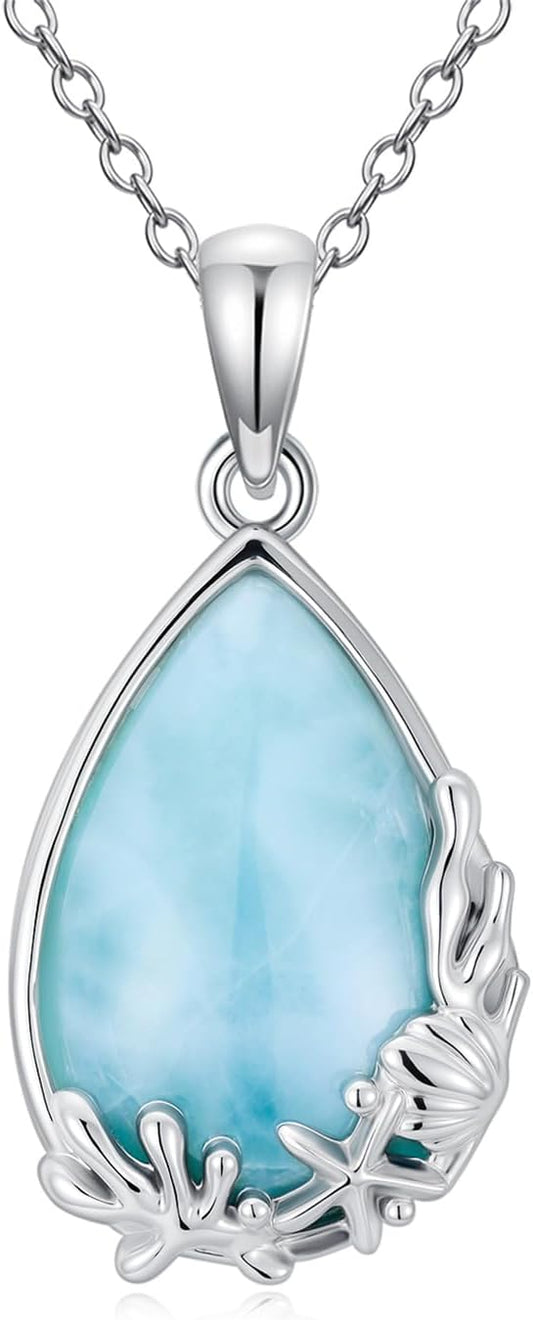 Larimar Starfish Shell Pendant Necklace in 925 Sterling Silver, Teardrop Gemstone, Adjustable 18–20” Chain, Beach Ocean Jewelry Gift for Women