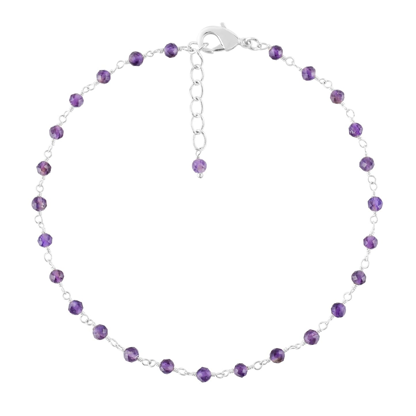 YANARA Larimar Rosary Anklet, Faceted 3mm Gemstone Beads, Silver-Plated Brass, 9”+1.5” Extender, Lobster Clasp, Summer Beach Gift for Women