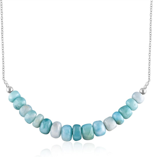 InfinityGemsArt Larimar Beaded Bar Necklace in Rhodium-Plated 925 Sterling Silver, AA+ Dominican Larimar Rondelles 4–6mm, 16”+2” Extender, Lobster Clasp