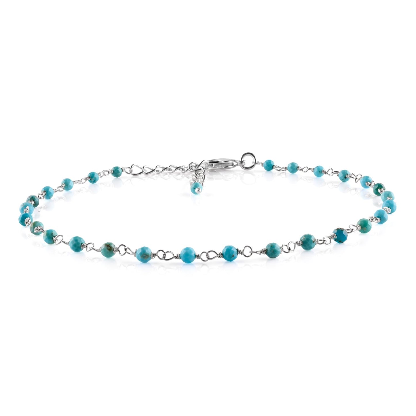 YANARA Larimar Rosary Anklet, Faceted 3mm Gemstone Beads, Silver-Plated Brass, 9”+1.5” Extender, Lobster Clasp, Summer Beach Gift for Women