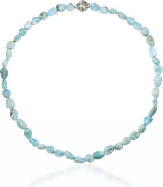 18" Natural Stone Larimar Beads Crystal Magnet Clasp Necklace