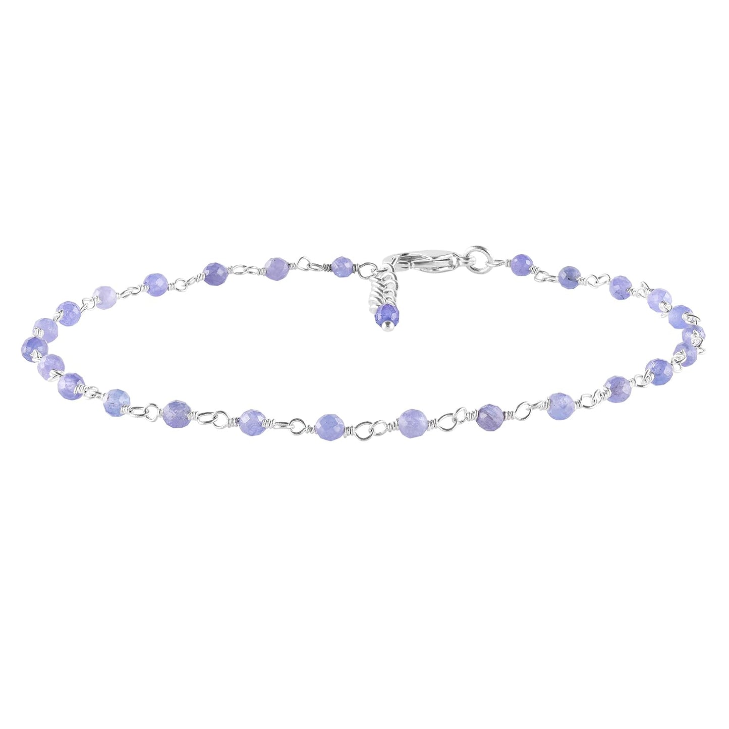 YANARA Larimar Rosary Anklet, Faceted 3mm Gemstone Beads, Silver-Plated Brass, 9”+1.5” Extender, Lobster Clasp, Summer Beach Gift for Women