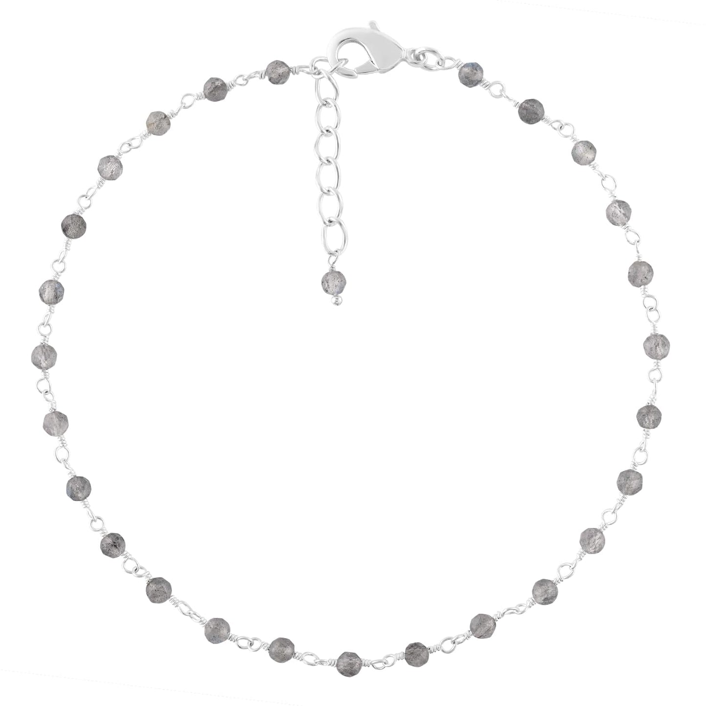 YANARA Larimar Rosary Anklet, Faceted 3mm Gemstone Beads, Silver-Plated Brass, 9”+1.5” Extender, Lobster Clasp, Summer Beach Gift for Women