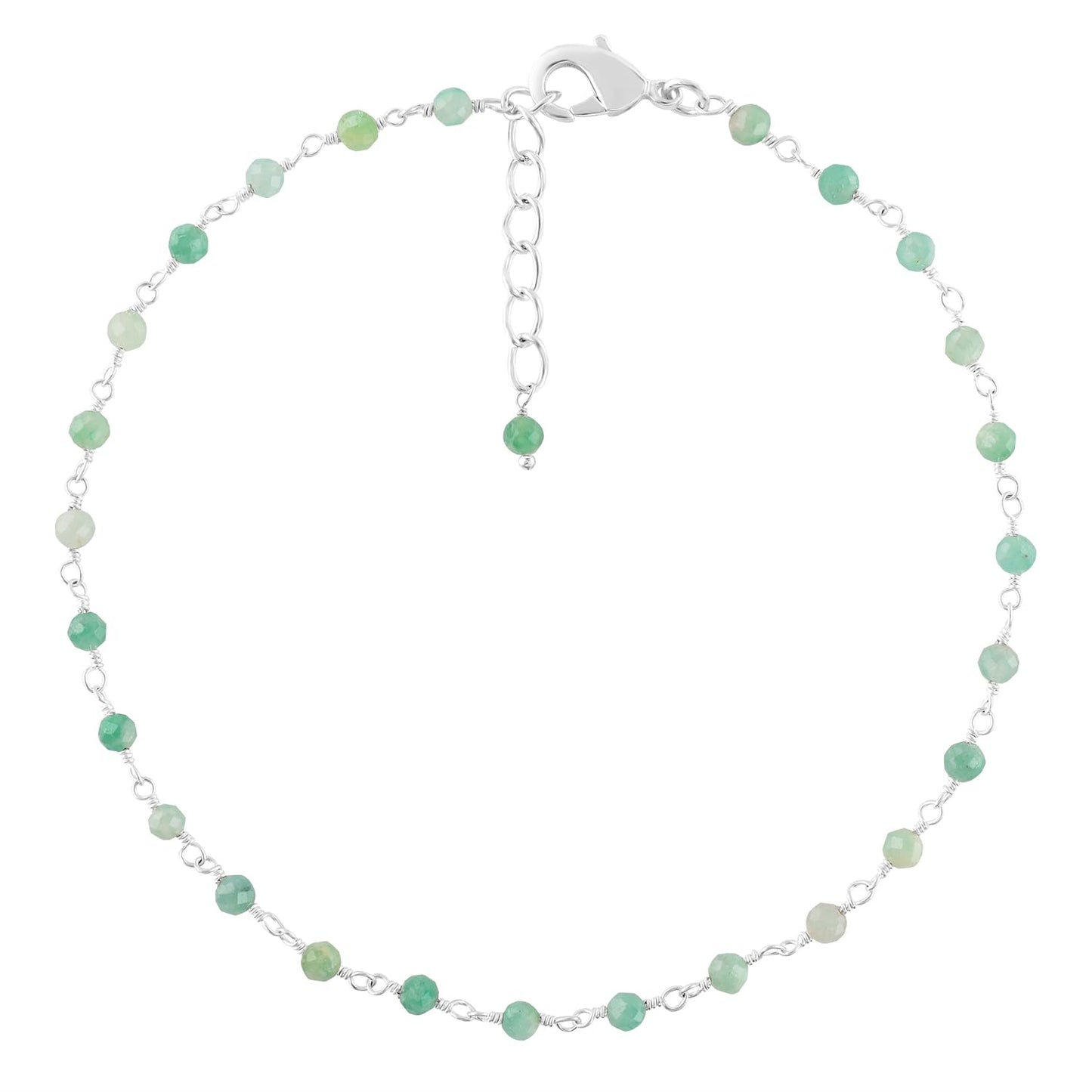 YANARA Larimar Rosary Anklet, Faceted 3mm Gemstone Beads, Silver-Plated Brass, 9”+1.5” Extender, Lobster Clasp, Summer Beach Gift for Women