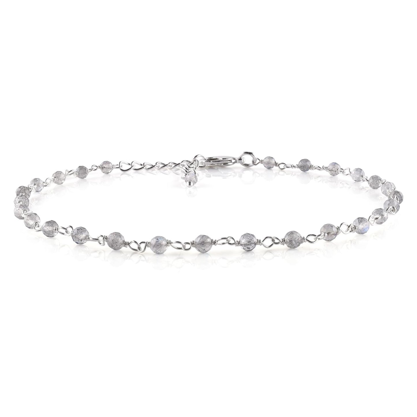 YANARA Larimar Rosary Anklet, Faceted 3mm Gemstone Beads, Silver-Plated Brass, 9”+1.5” Extender, Lobster Clasp, Summer Beach Gift for Women