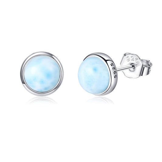 Larimar Stud Earrings in 925 Sterling Silver, 7mm Natural Gemstone, Push Back, Hypoallergenic, Gift Box + Polishing Cloth, Women’s Jewelry