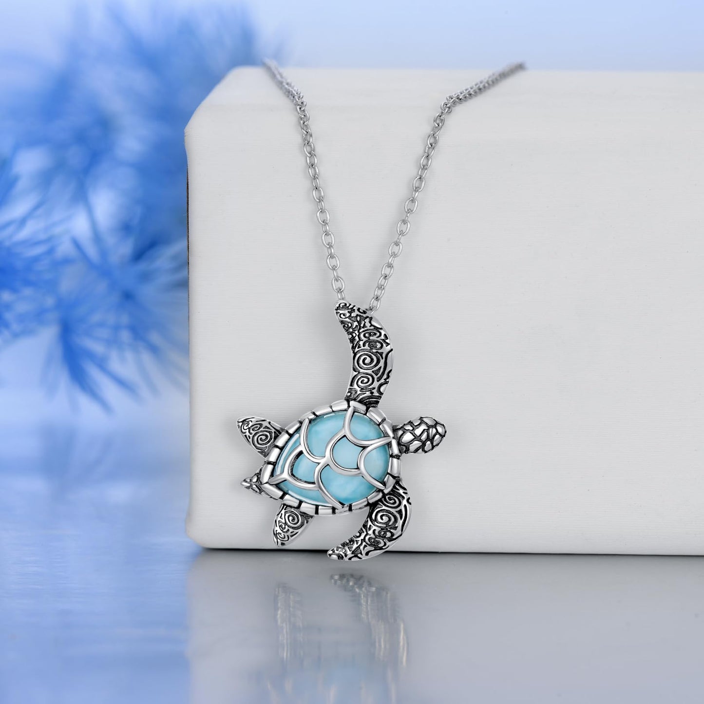 Collar con colgante de larimar de tortuga marina de OCJ, plata de ley 925, 45 cm + extensión de 5 cm. Joya playera inspirada en el océano, regalo para mujer. 