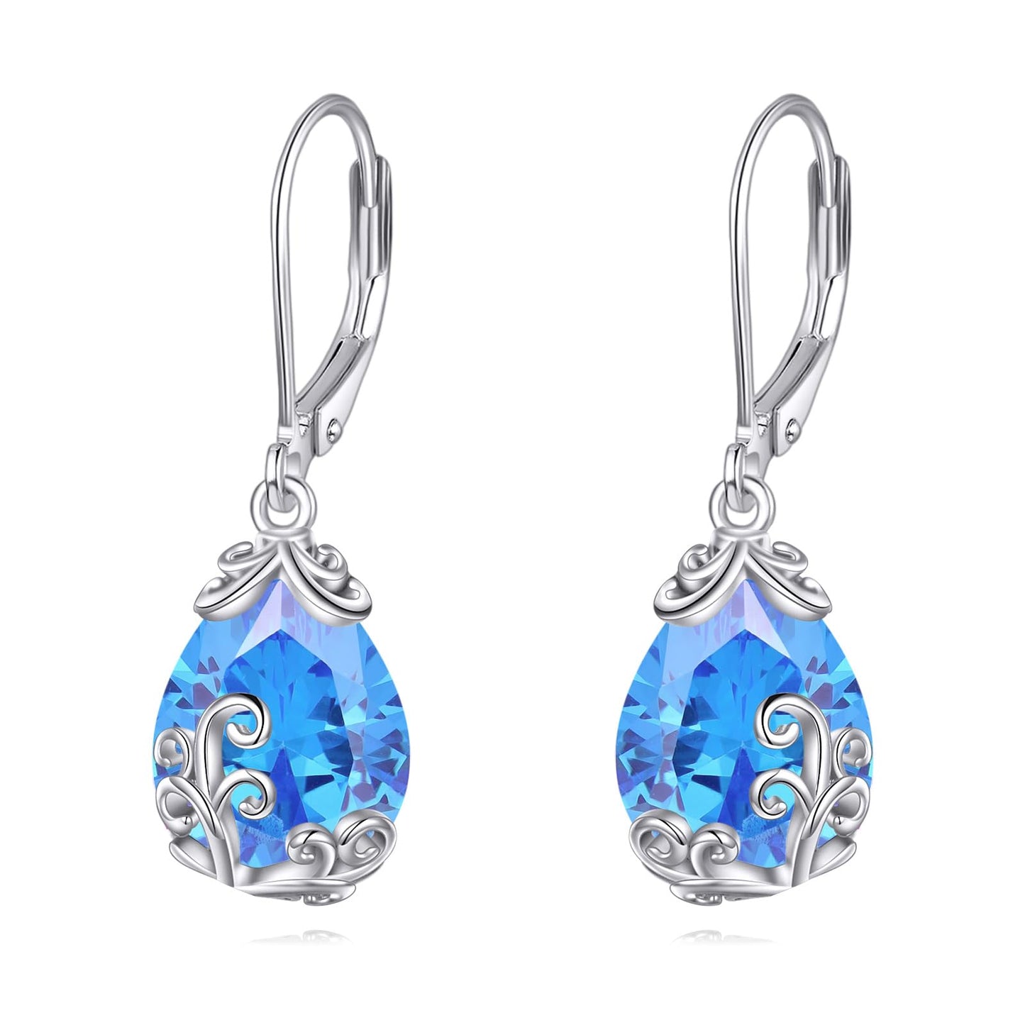 POPLYKE Celtic Filigree Larimar Teardrop Dangle Earrings in 925 Sterling Silver, Leverback, Hypoallergenic, Gift Box, Women’s Jewelry