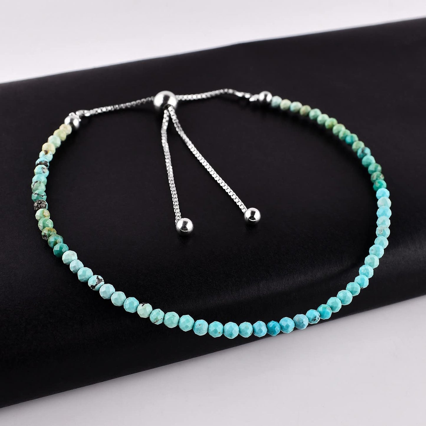 Pulsera bolo de larimar OdrillionGems en plata de ley 925 rodiada, cuentas facetadas azul cielo de 3 mm, cadena ajustable, regalo minimalista hecho a mano para mujer. 