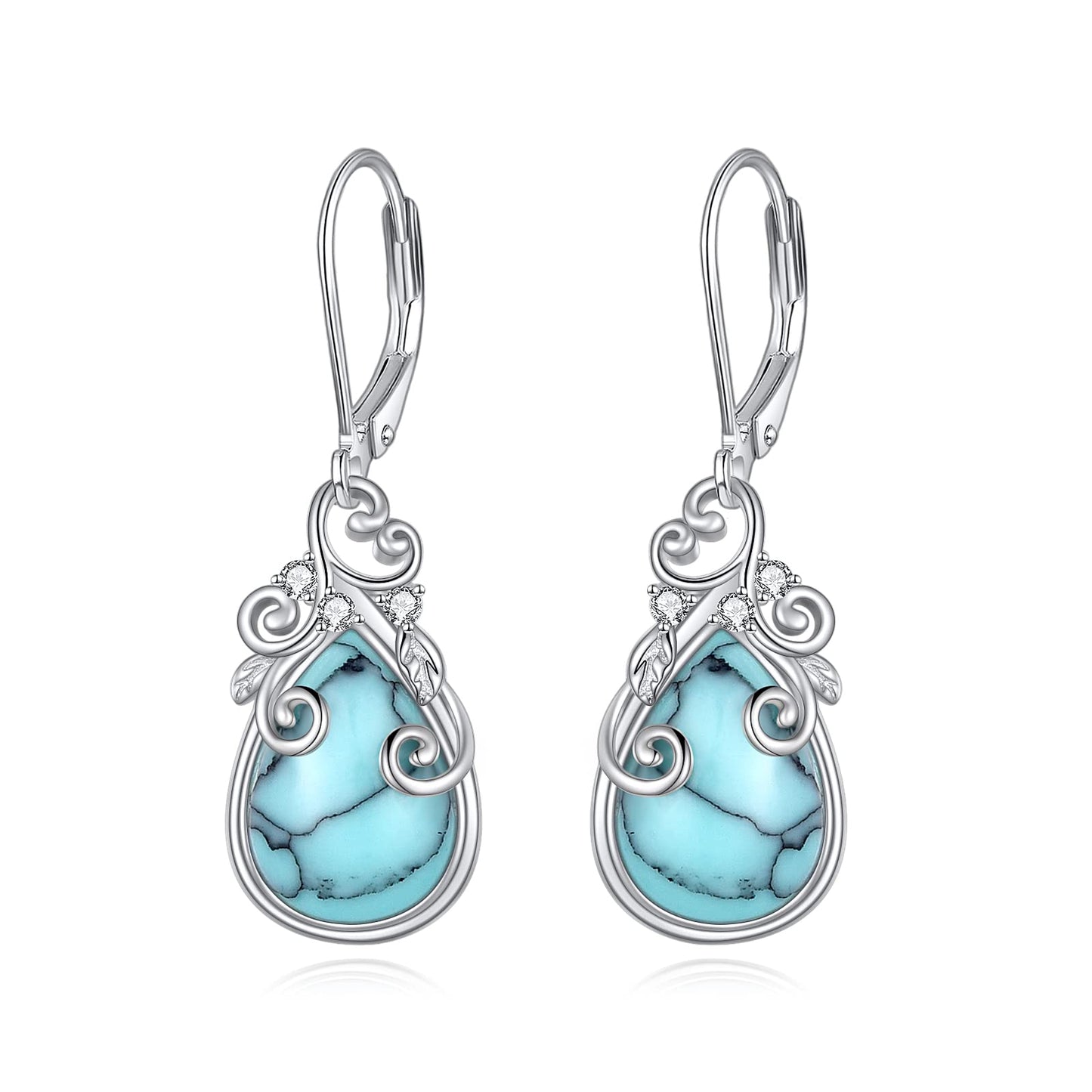 POPLYKE Celtic Filigree Larimar Teardrop Dangle Earrings in 925 Sterling Silver, Leverback, Hypoallergenic, Gift Box, Women’s Jewelry