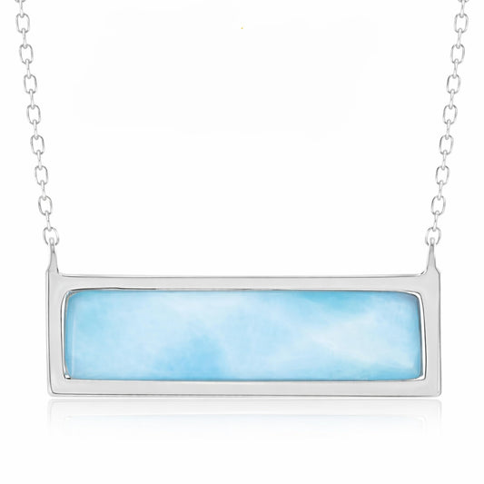Beaux Bijoux Natural Larimar Pendant Necklace in 925 Sterling Silver with Rhodium, Caribbean Blue Gemstone, Gift-Ready Women’s Jewelry