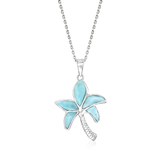 Ross-Simons Larimar Palm Tree Pendant Necklace in Sterling Silver