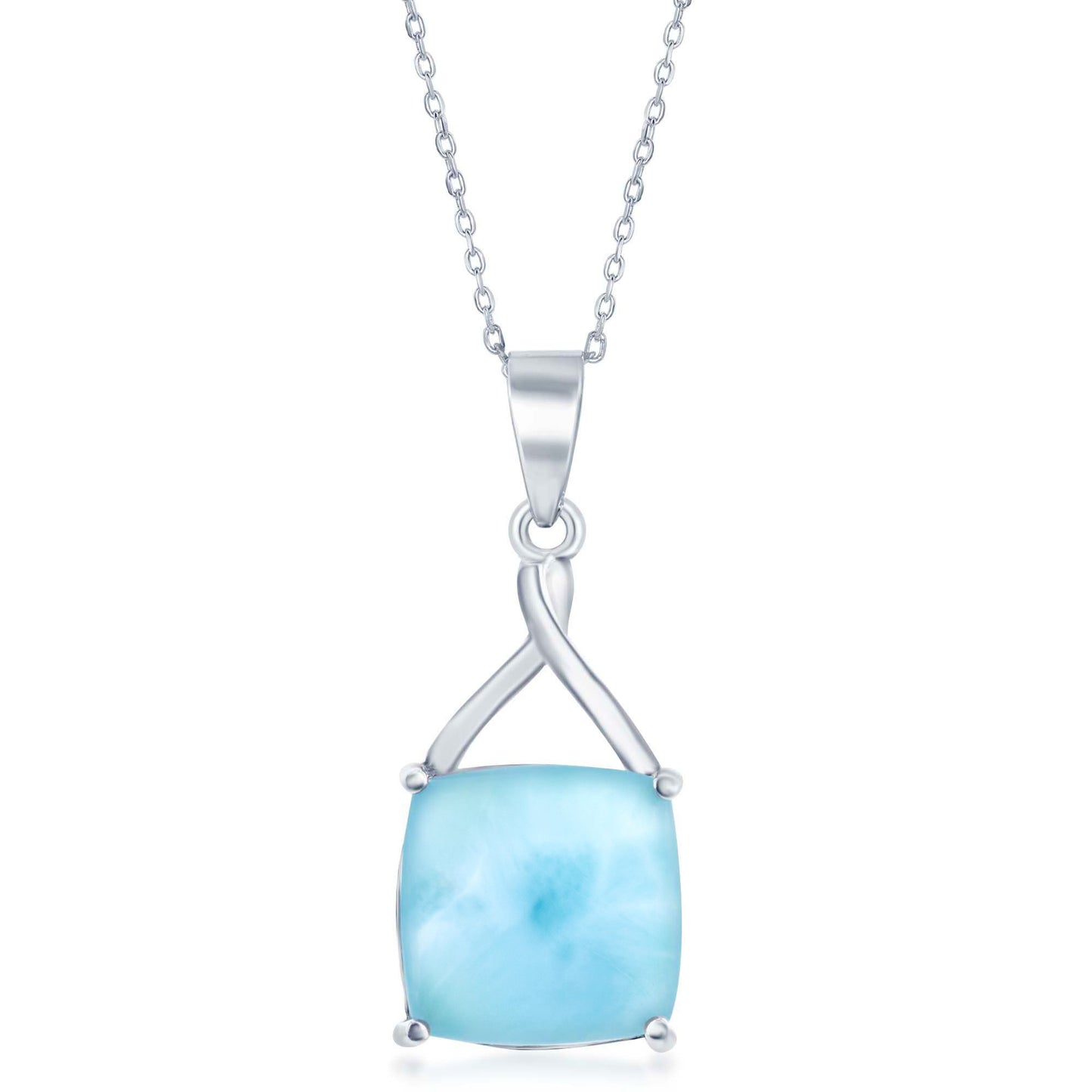 Beaux Bijoux 925 Sterling Silver Cushion-Cut Natural Larimar Pendant Necklace, X Design, 18” Diamond-Cut Cable Chain, Spring Ring Clasp, Gift Box