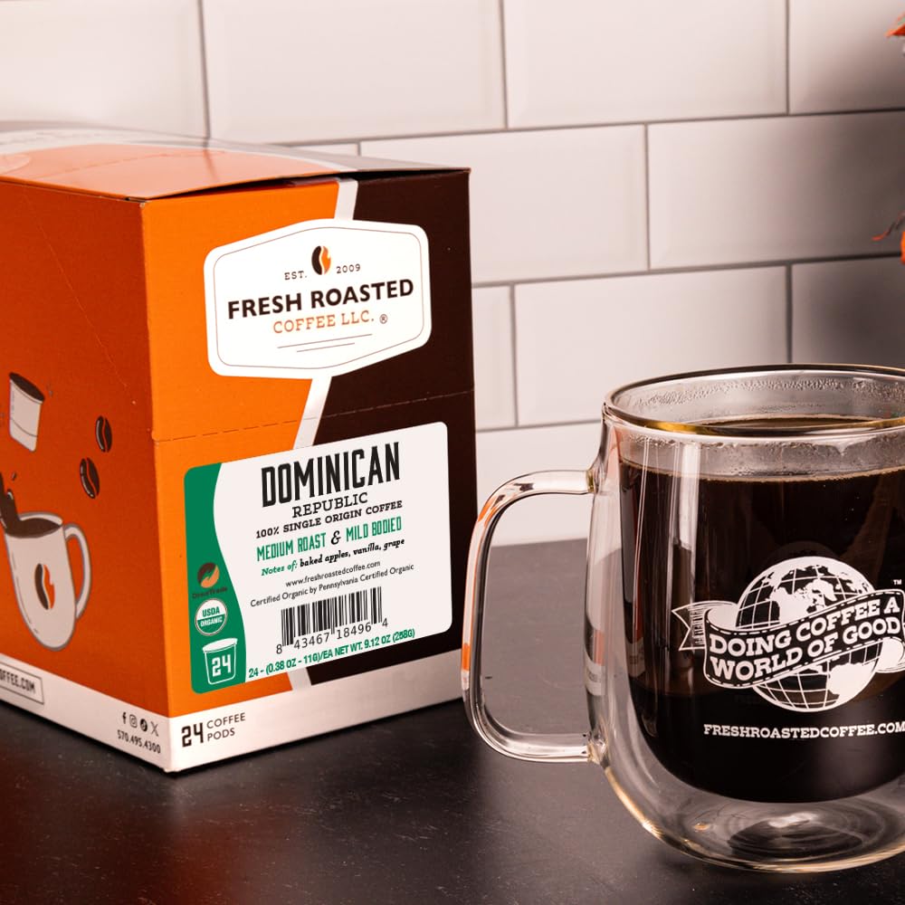 Café recién tostado, orgánico de República Dominicana | USDA orgánico, comercio directo, kosher | Tueste medio, 24 cápsulas para cafeteras K-Cup 