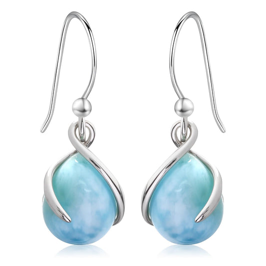 Gemsme Larimar Dangle Earrings in 925 Sterling Silver, Leverback Drop Design, Hypoallergenic, Blue Larimar Jewelry Gift for Women