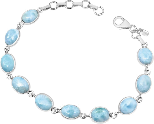 Silver Palace Larimar Link Tennis Bracelet in 925 Sterling Silver, Oval 7x9mm Stones, 7–8” Fit, Lobster Clasp, Unisex Gift