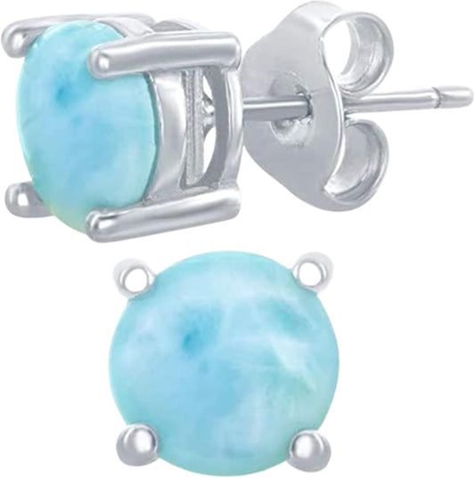 Beaux Bijoux Natural Larimar Stud Earrings in 925 Sterling Silver with Rhodium, Blue Round Gemstones, Hypoallergenic, Gift-Ready Women’s Jewelry