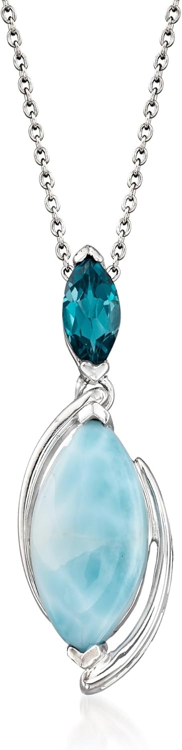 Ross-Simons Larimar & London Blue Topaz Pendant Necklace in 925 Sterling Silver, 0.50 ct Topaz, 18” 1mm Cable Chain, Spring Ring, Women’s Jewelry