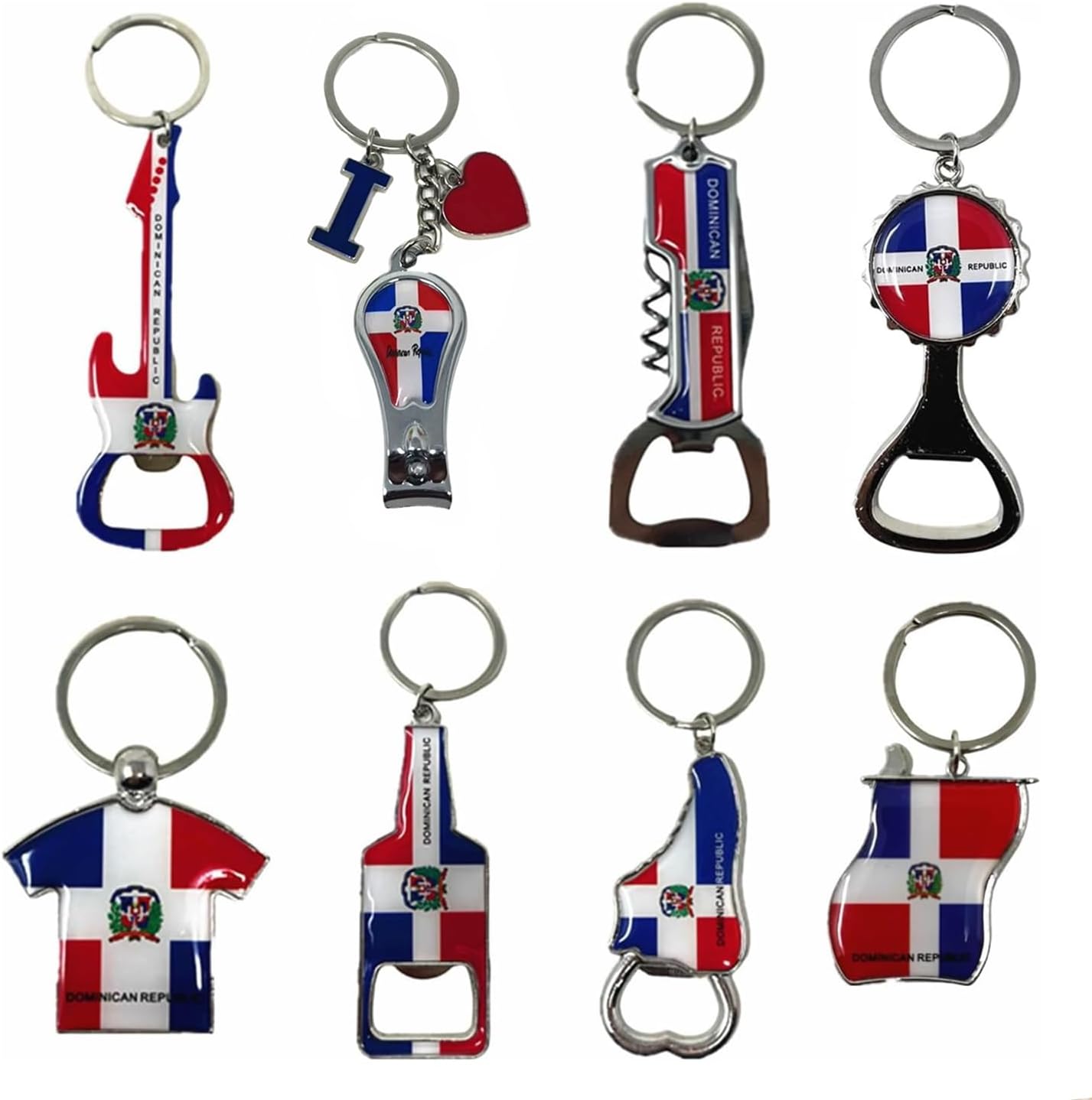 Paquete de 8 llaveros de República Dominicana: set de recuerdo metálico (bandera, corazón, camiseta y más)