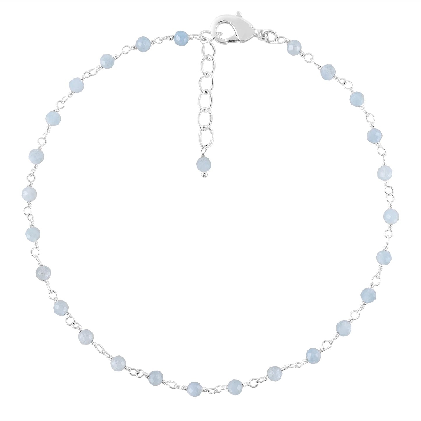 YANARA Larimar Rosary Anklet, Faceted 3mm Gemstone Beads, Silver-Plated Brass, 9”+1.5” Extender, Lobster Clasp, Summer Beach Gift for Women