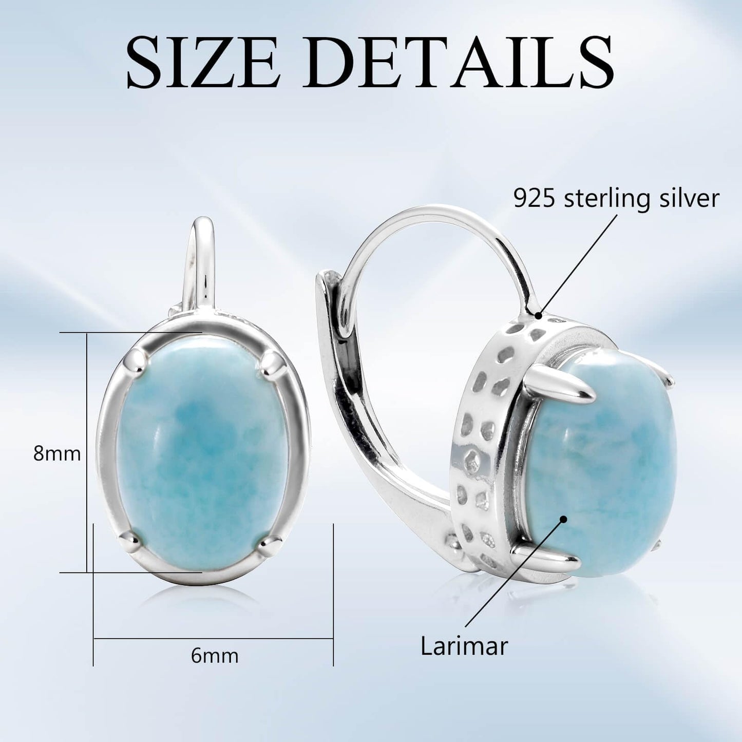 Pendientes colgantes de larimar Gemsme en plata de ley 925 con cierre de palanca, hipoalergénicos, regalo de joyería de larimar azul para mujer. 