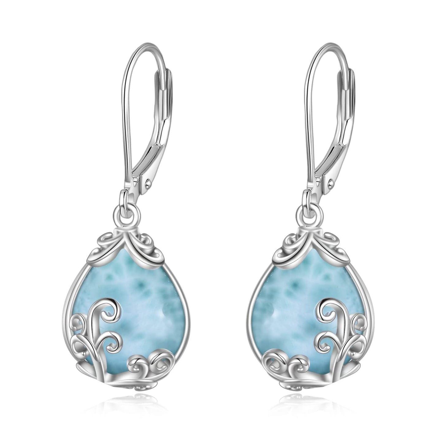 POPLYKE Celtic Filigree Larimar Teardrop Dangle Earrings in 925 Sterling Silver, Leverback, Hypoallergenic, Gift Box, Women’s Jewelry