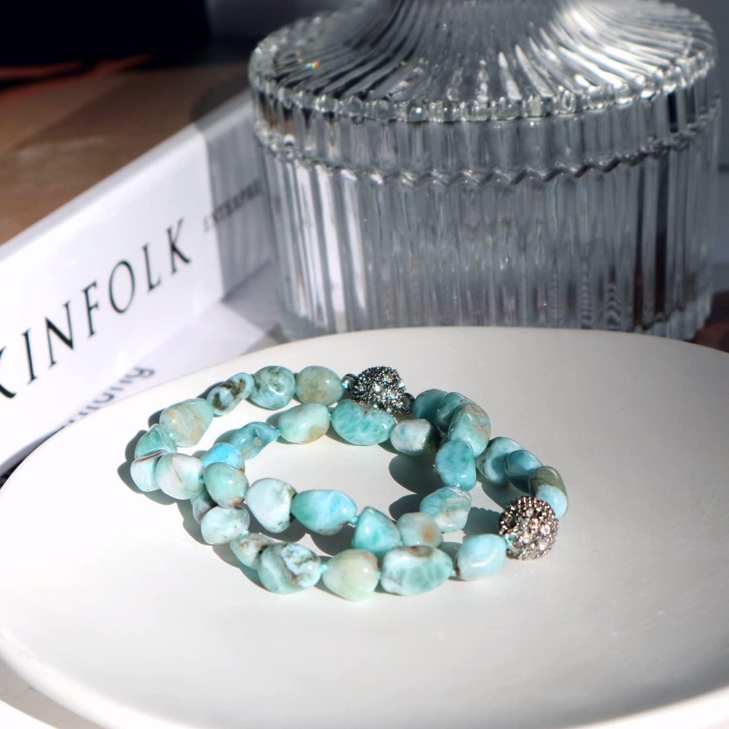 Pulsera de larimar de piedra natural con cierre magnético de cristal de 7,5 mm