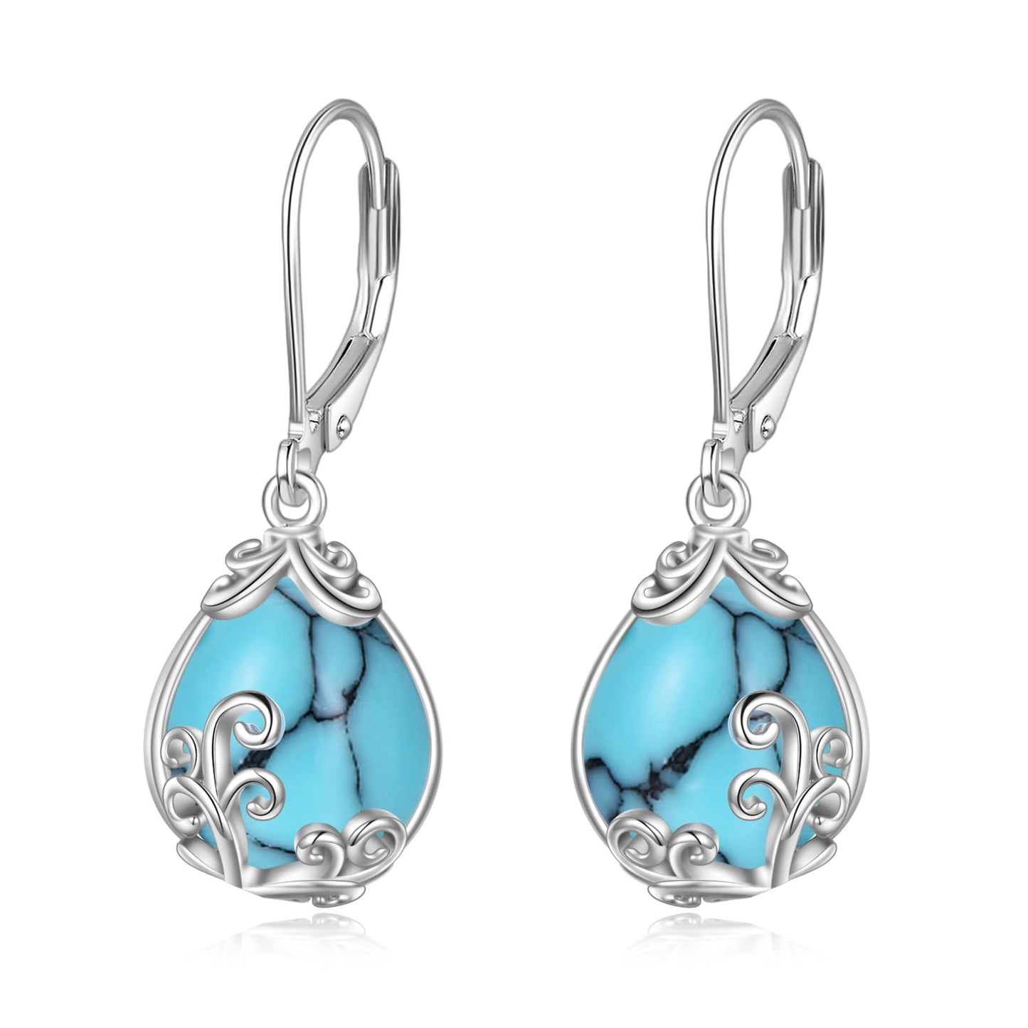 POPLYKE Celtic Filigree Larimar Teardrop Dangle Earrings in 925 Sterling Silver, Leverback, Hypoallergenic, Gift Box, Women’s Jewelry