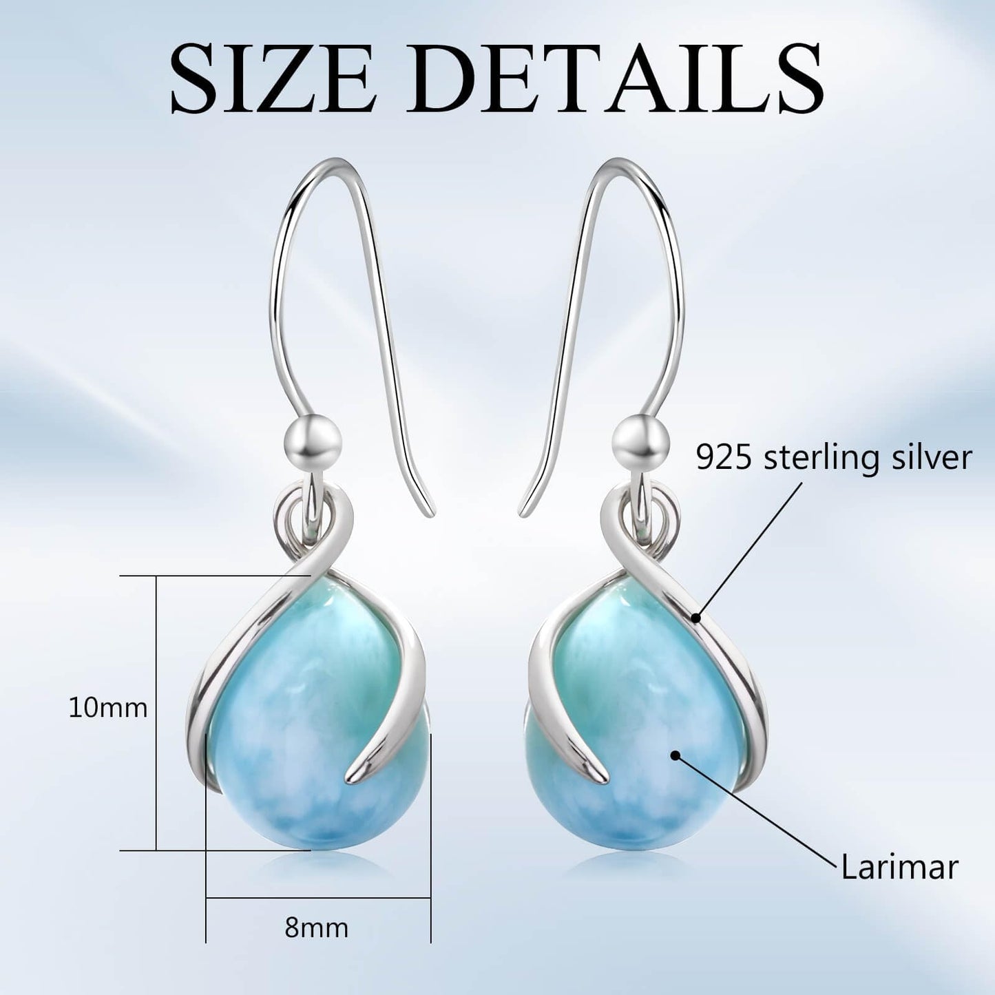 Pendientes colgantes de larimar Gemsme en plata de ley 925 con cierre de palanca, hipoalergénicos, regalo de joyería de larimar azul para mujer. 