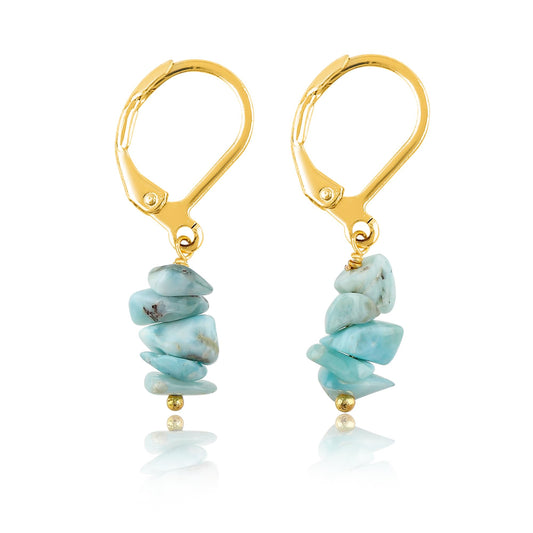 Gemsymphony Larimar Chip Dangle Earrings, Gold-Plated Leverback Hooks, Hypoallergenic, Handmade Lightweight Boho Gift for Women