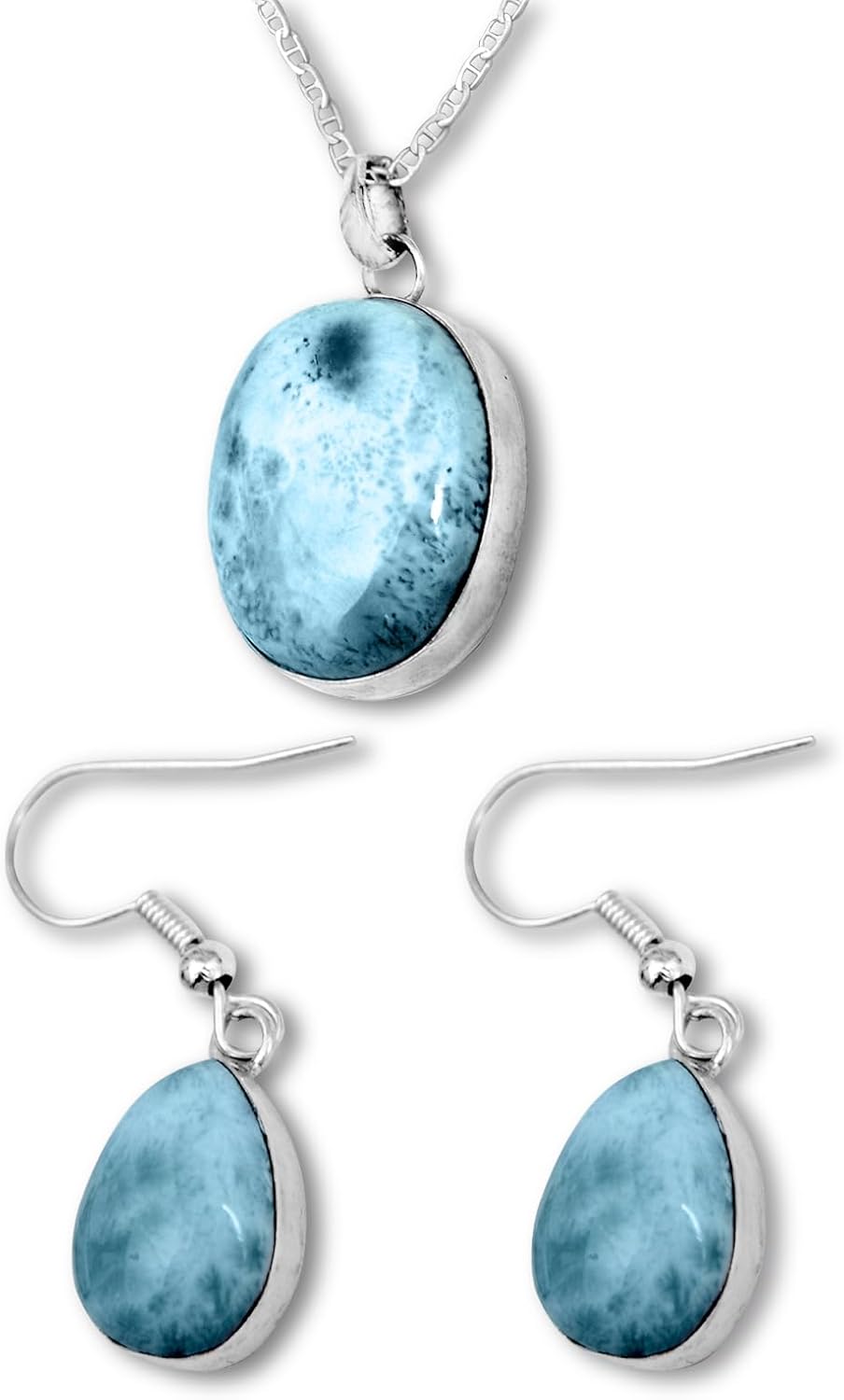 Artisanal Creation in 925 Silver: Set of Earrings, Chain, and Pendant with Natural Larimar Stones