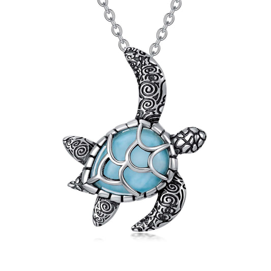 OCJ Sea Turtle Created Larimar 925 Sterling Silver Pendant Necklace 18’’ + 2’’ Extension – Ocean-Inspired Beach Jewelry Gift for Women