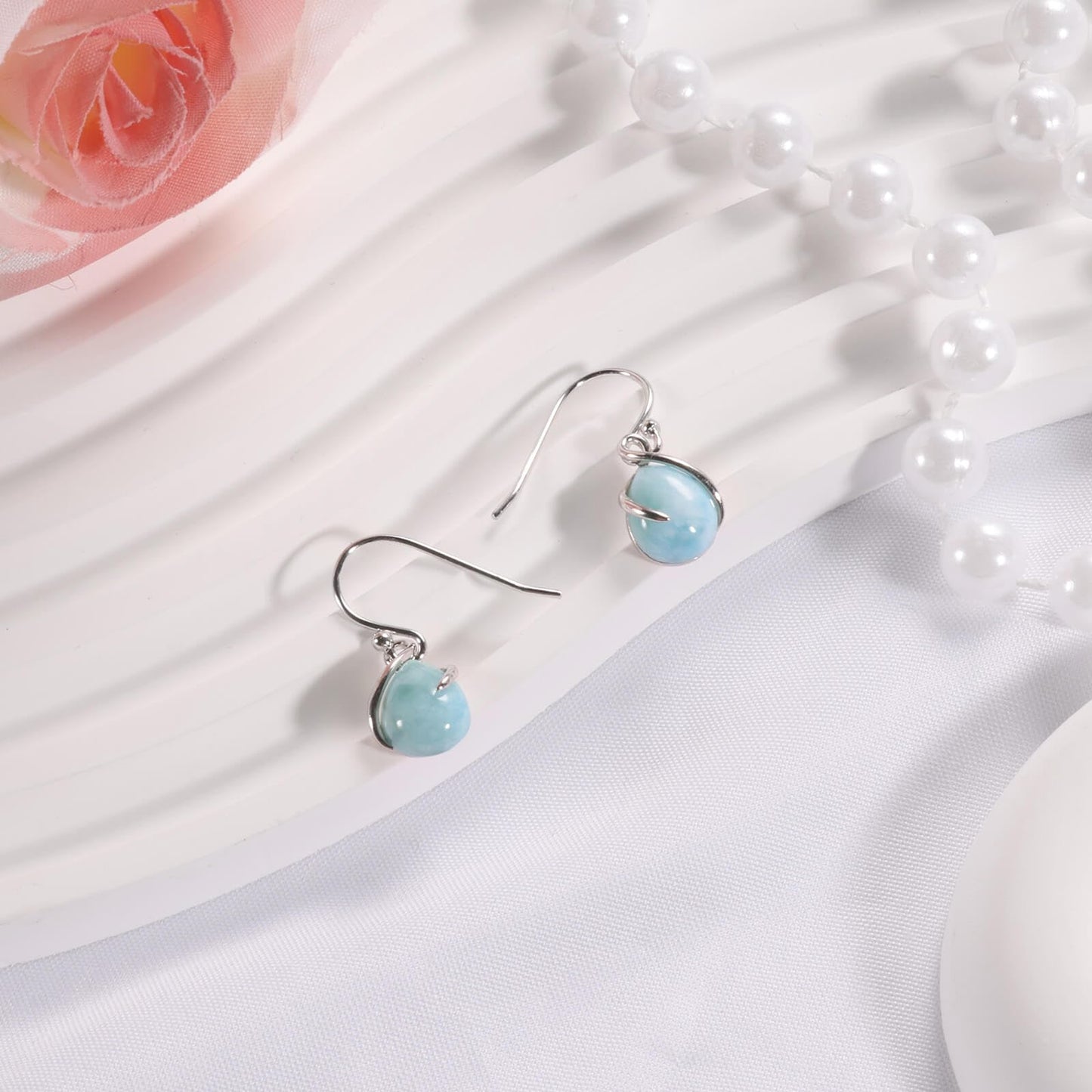 Pendientes colgantes de larimar Gemsme en plata de ley 925 con cierre de palanca, hipoalergénicos, regalo de joyería de larimar azul para mujer. 