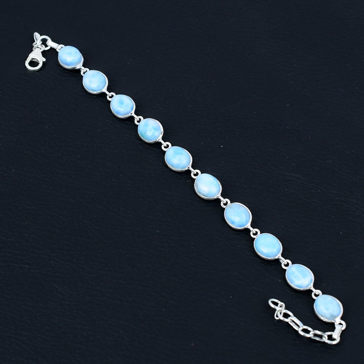 Silver Palace Larimar Link Tennis Bracelet in 925 Sterling Silver, Oval 7x9mm Stones, 7–8” Fit, Lobster Clasp, Unisex Gift